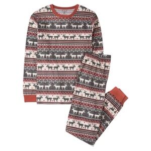 Unisex Adult Fairisle Thermal Cotton Pajamas Reindeer Red Grey Size XL